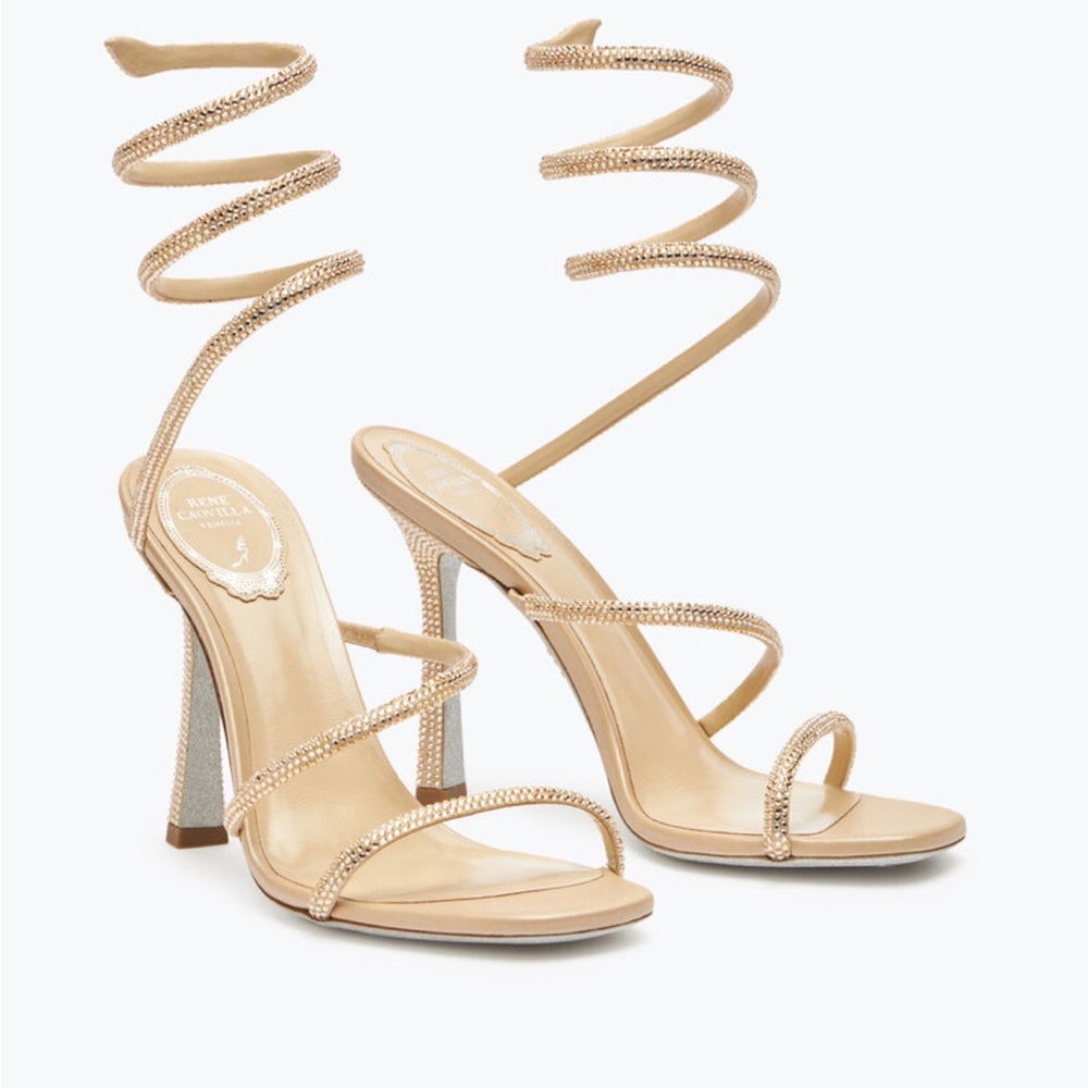 Rene Caovilla Cleo Crystal Beige/Gold Satin Sandals